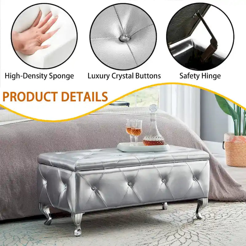Banc Pouf de Rangement Rectangulaire Rembourré avec Boutons en Cristal