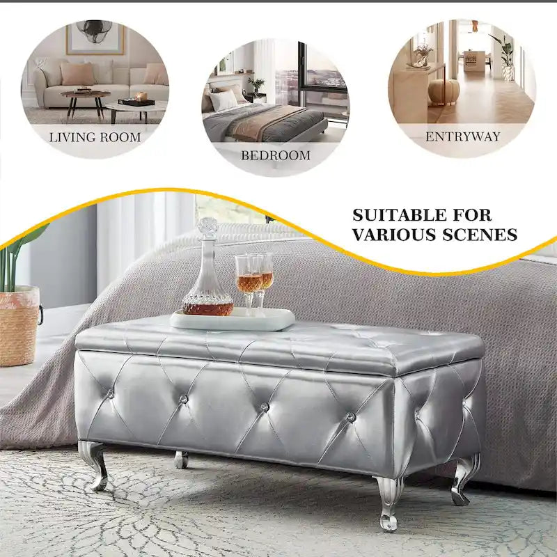 Banc Pouf de Rangement Rectangulaire Rembourré avec Boutons en Cristal