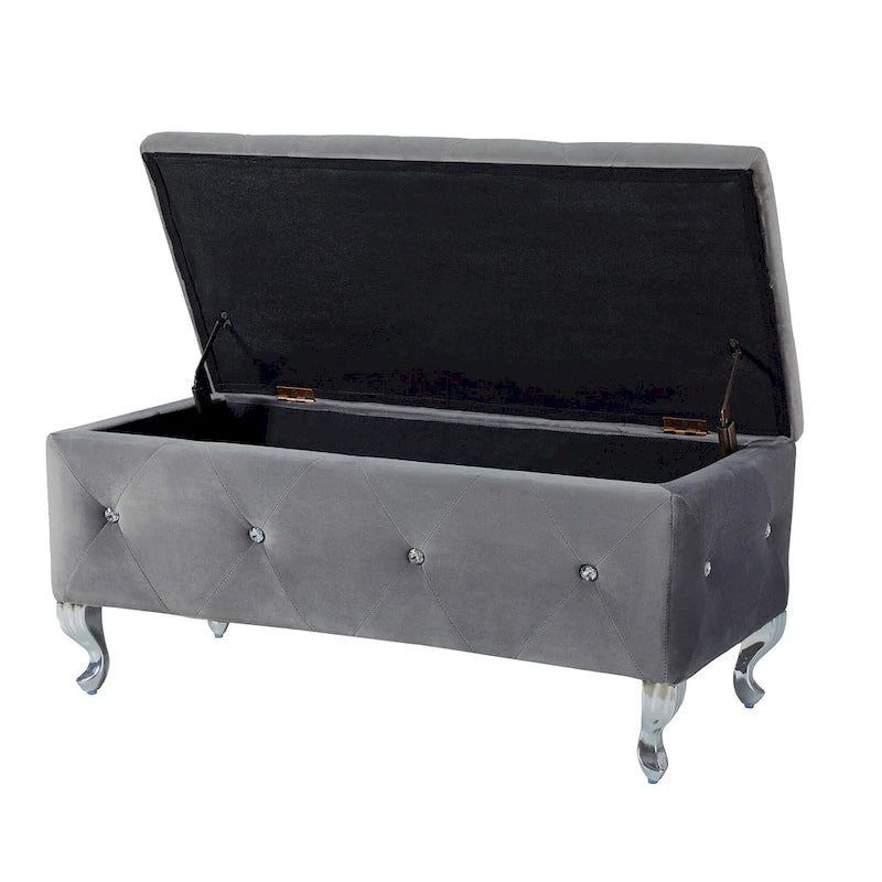 Banc Pouf de Rangement Rectangulaire Rembourré avec Boutons en Cristal