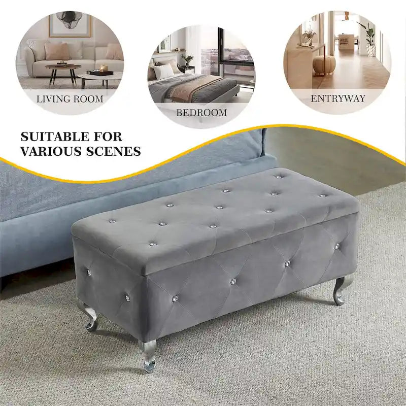 Banc Pouf de Rangement Rectangulaire Rembourré avec Boutons en Cristal