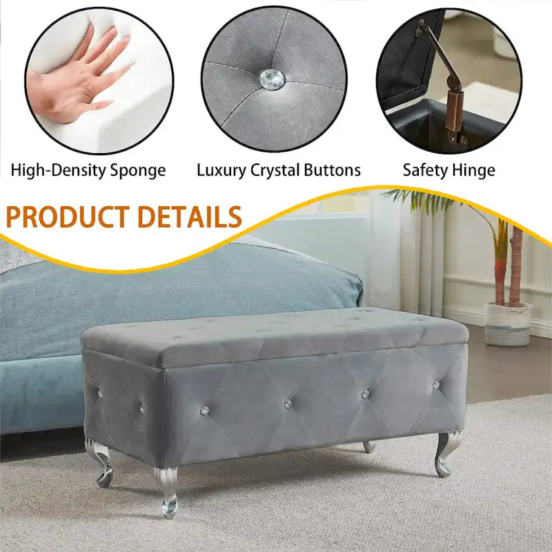 Banc Pouf de Rangement Rectangulaire Rembourré avec Boutons en Cristal