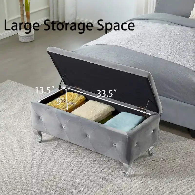 Banc Pouf de Rangement Rectangulaire Rembourré avec Boutons en Cristal