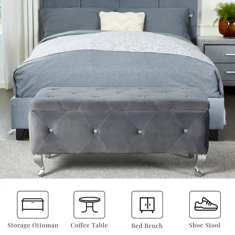 Banc Pouf de Rangement Rectangulaire Rembourré avec Boutons en Cristal