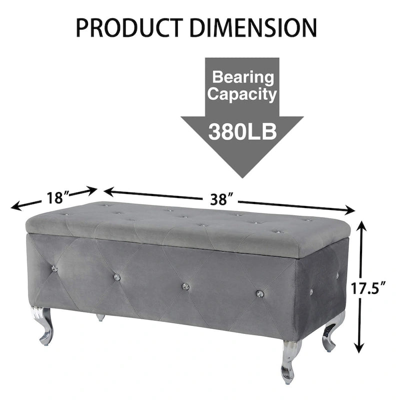 Banc Pouf de Rangement Rectangulaire Rembourré avec Boutons en Cristal