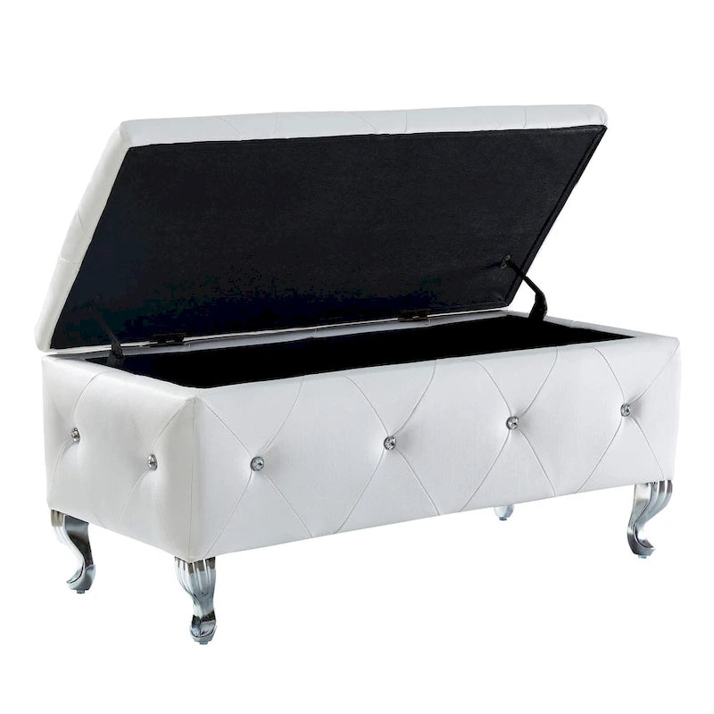 Banc Pouf de Rangement Rectangulaire Rembourré avec Boutons en Cristal