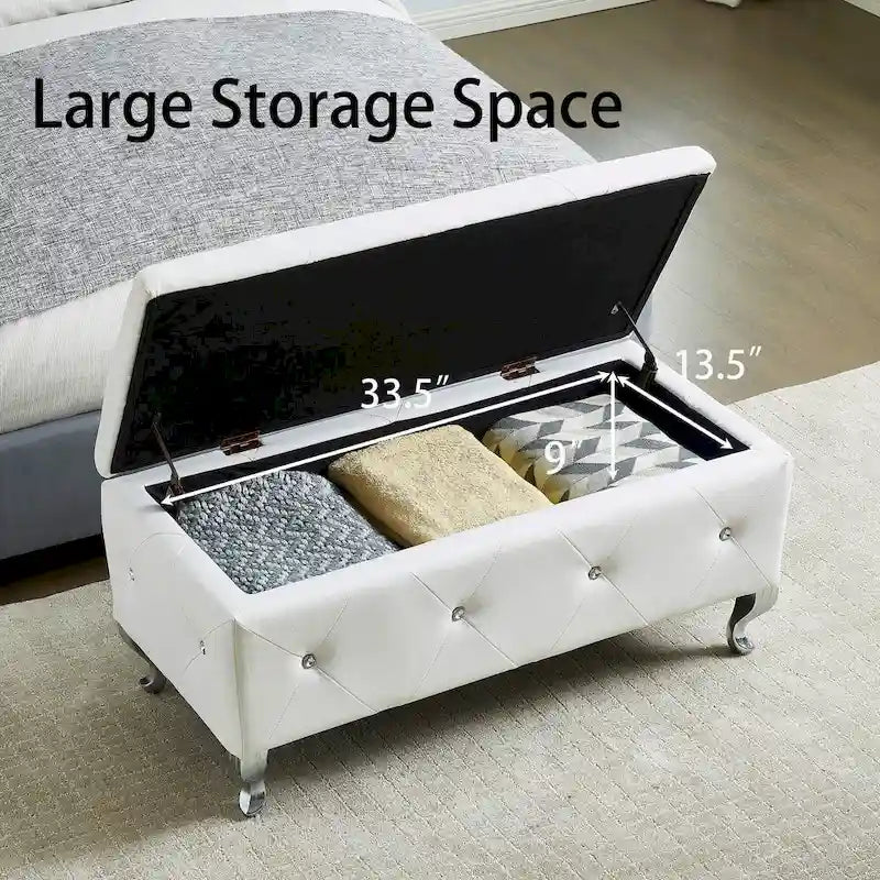 Banc Pouf de Rangement Rectangulaire Rembourré avec Boutons en Cristal