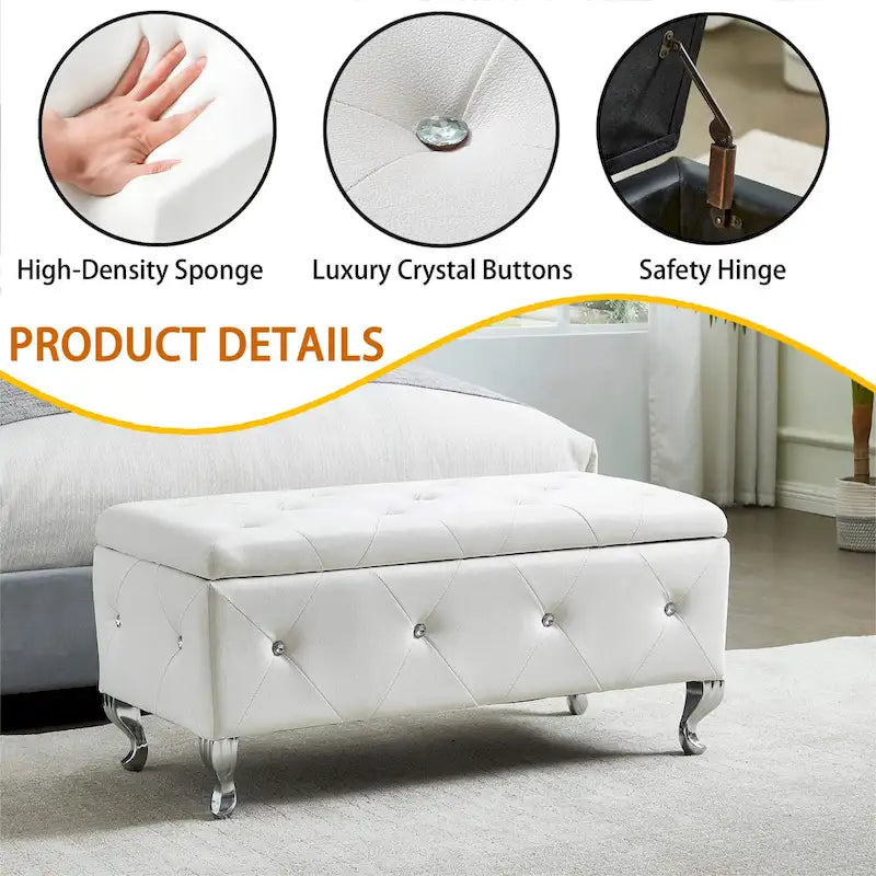 Banc Pouf de Rangement Rectangulaire Rembourré avec Boutons en Cristal