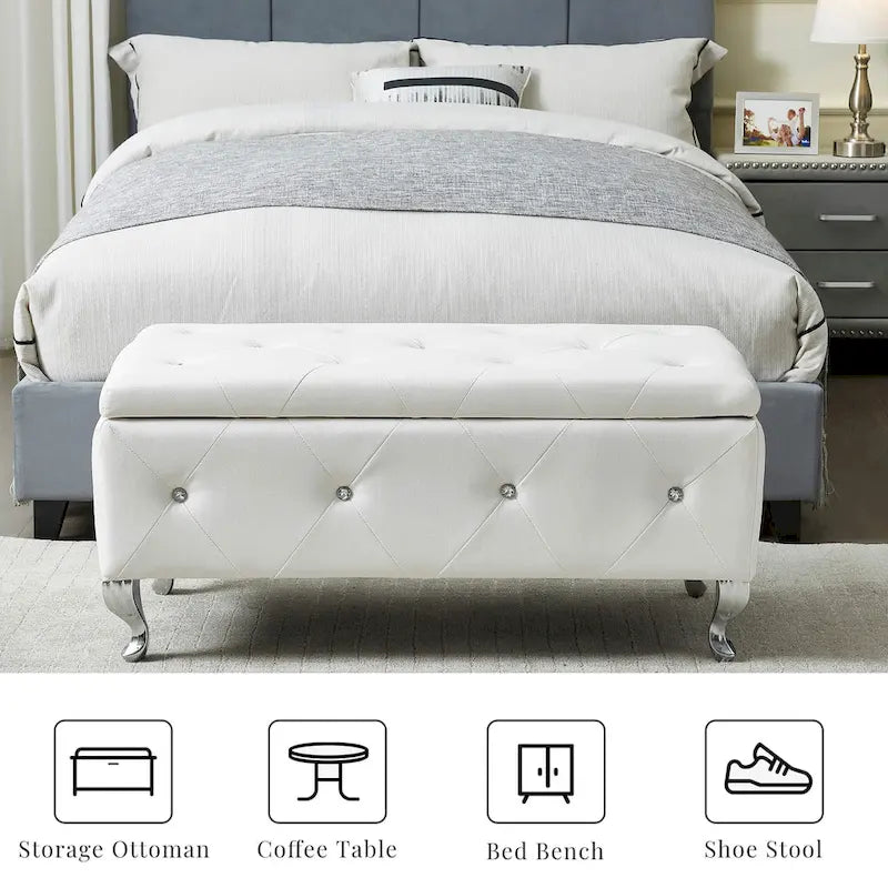 Banc Pouf de Rangement Rectangulaire Rembourré avec Boutons en Cristal