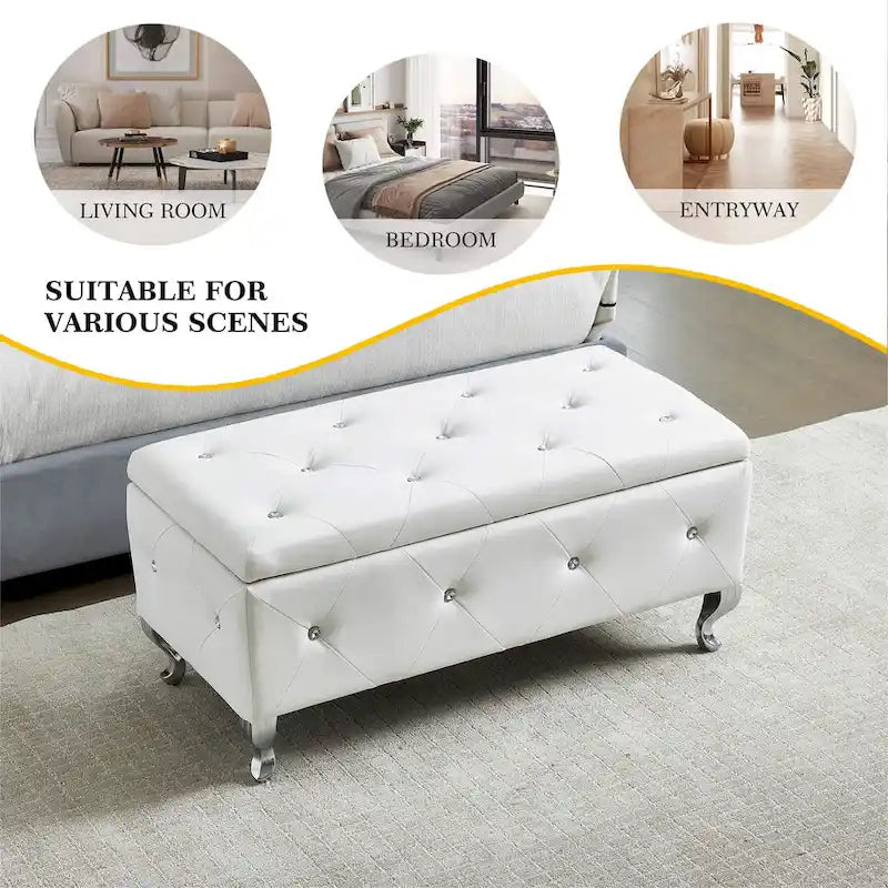 Banc Pouf de Rangement Rectangulaire Rembourré avec Boutons en Cristal