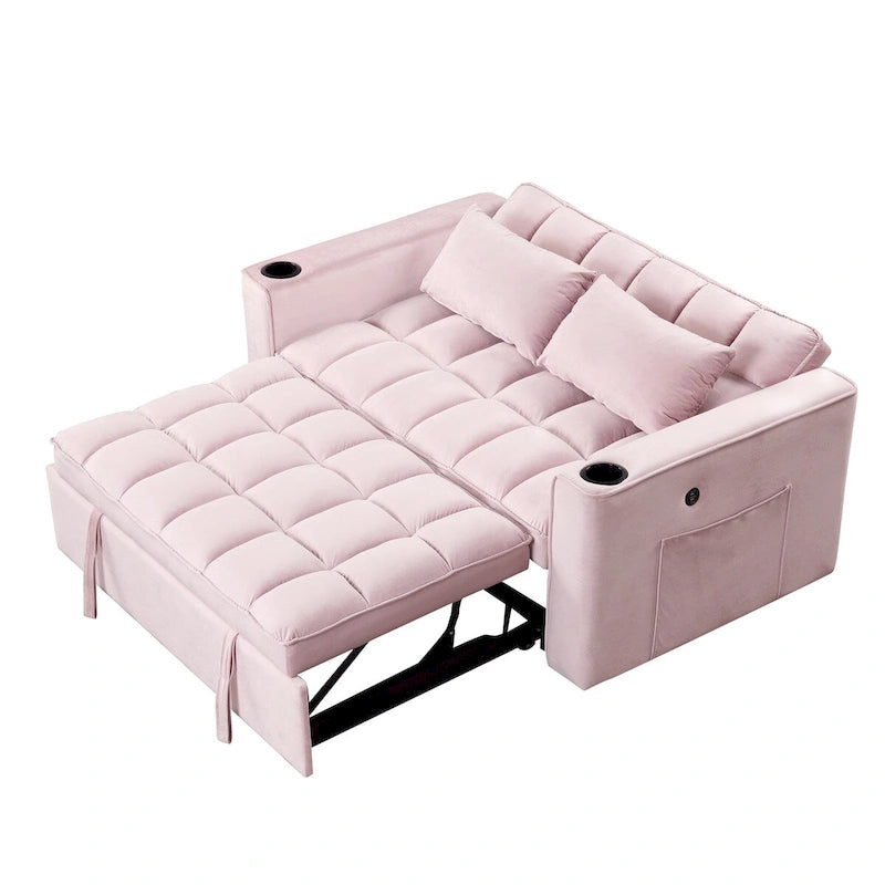 Canapé convertible multifonctionnel en velours, porte-gobelet, port USB
