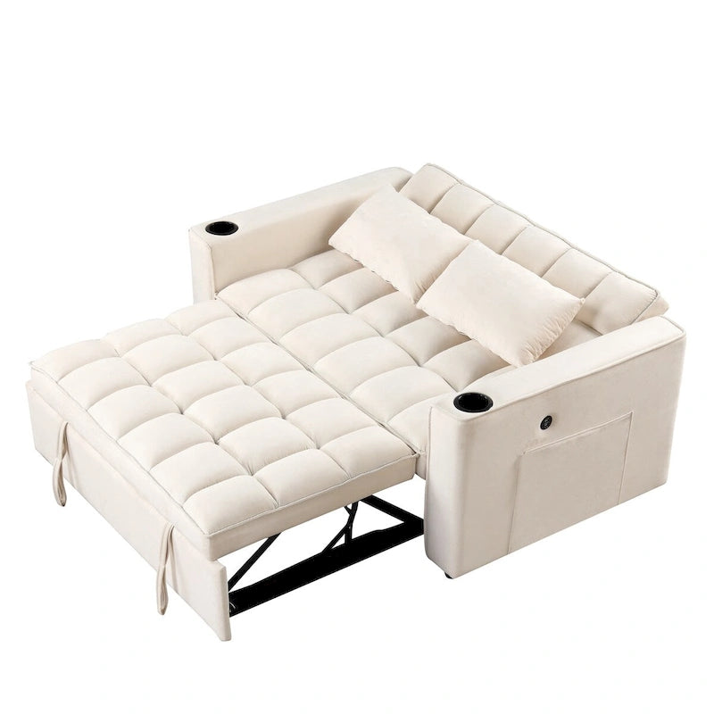 Canapé convertible multifonctionnel en velours, porte-gobelet, port USB