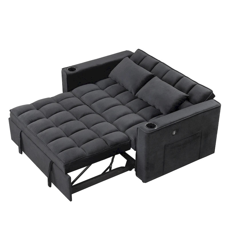 Canapé convertible multifonctionnel en velours, porte-gobelet, port USB
