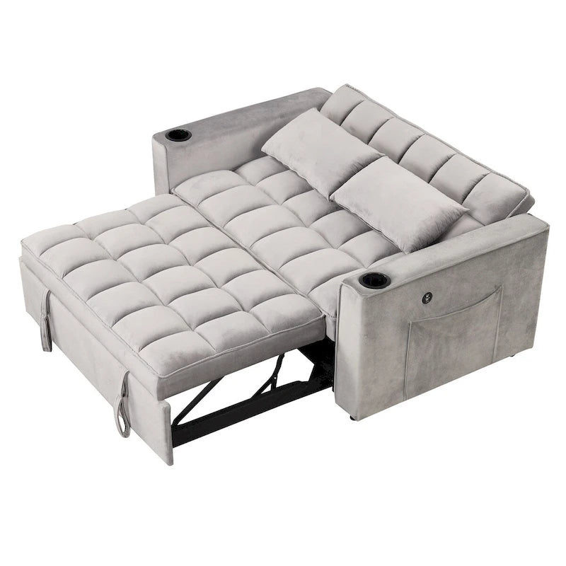 Canapé convertible multifonctionnel en velours, porte-gobelet, port USB