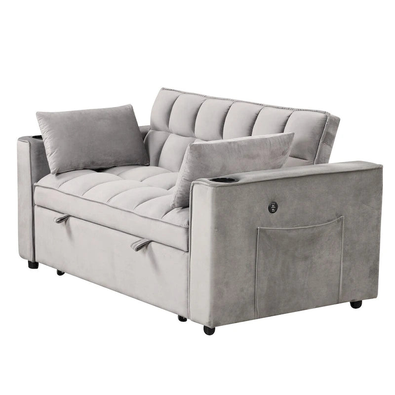 Canapé convertible multifonctionnel en velours, porte-gobelet, port USB