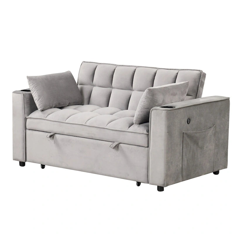 Canapé convertible multifonctionnel en velours, porte-gobelet, port USB