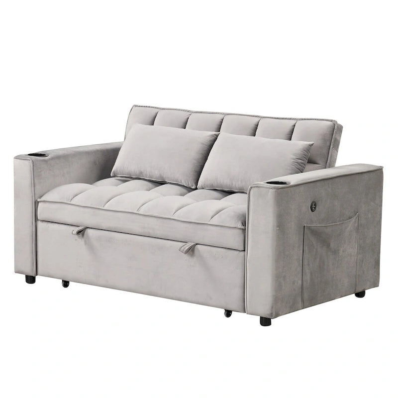 Canapé convertible multifonctionnel en velours, porte-gobelet, port USB