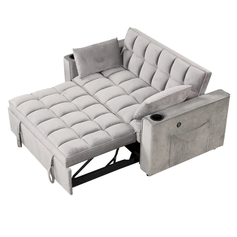 Canapé convertible multifonctionnel en velours, porte-gobelet, port USB