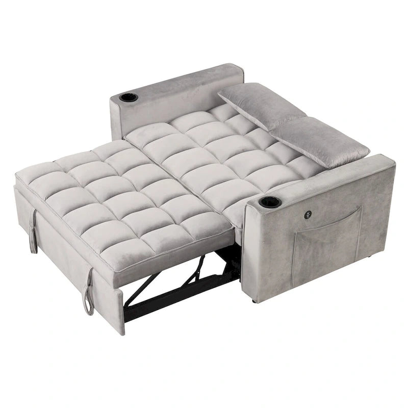 Canapé convertible multifonctionnel en velours, porte-gobelet, port USB