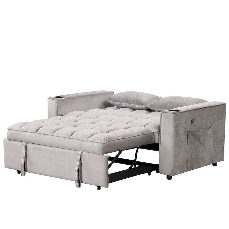 Canapé convertible multifonctionnel en velours, porte-gobelet, port USB