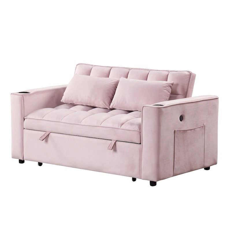 Canapé convertible multifonctionnel en velours, porte-gobelet, port USB