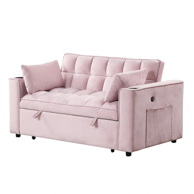 Canapé convertible multifonctionnel en velours, porte-gobelet, port USB
