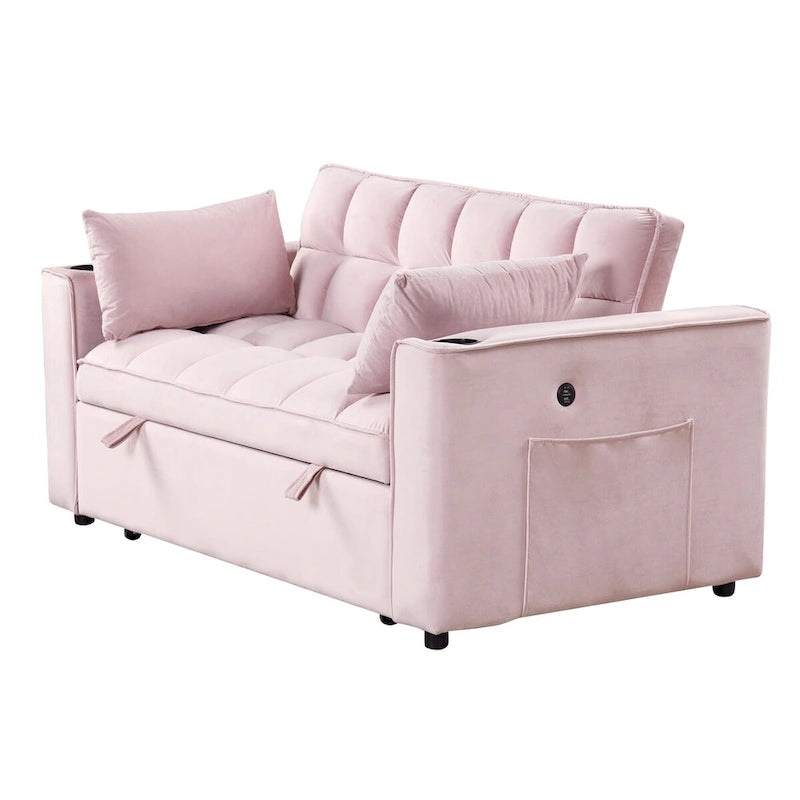 Canapé convertible multifonctionnel en velours, porte-gobelet, port USB