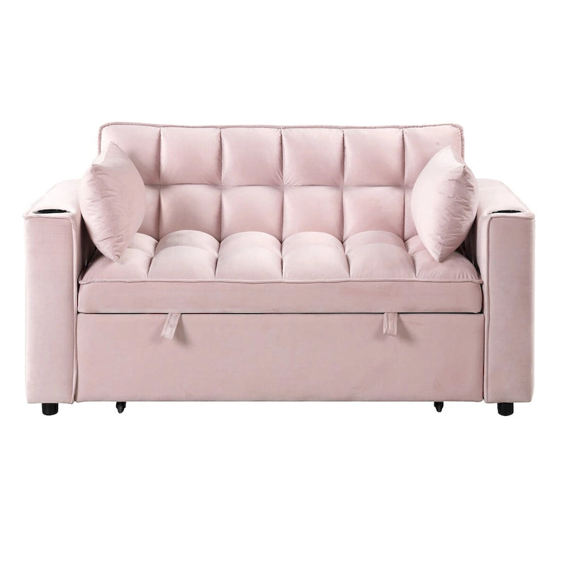 Canapé convertible multifonctionnel en velours, porte-gobelet, port USB