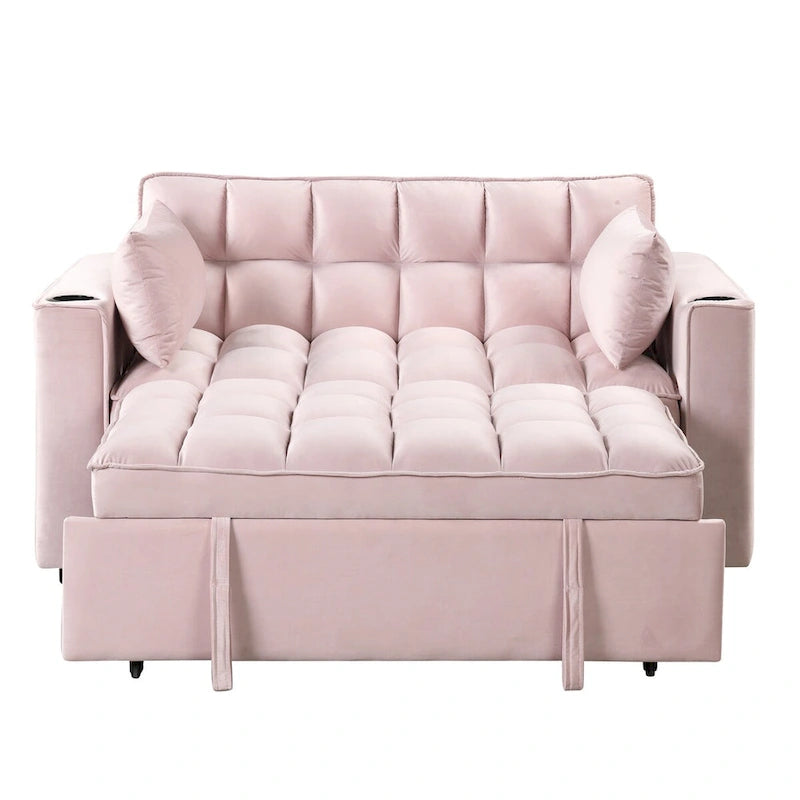 Canapé convertible multifonctionnel en velours, porte-gobelet, port USB