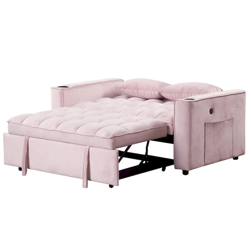Canapé convertible multifonctionnel en velours, porte-gobelet, port USB