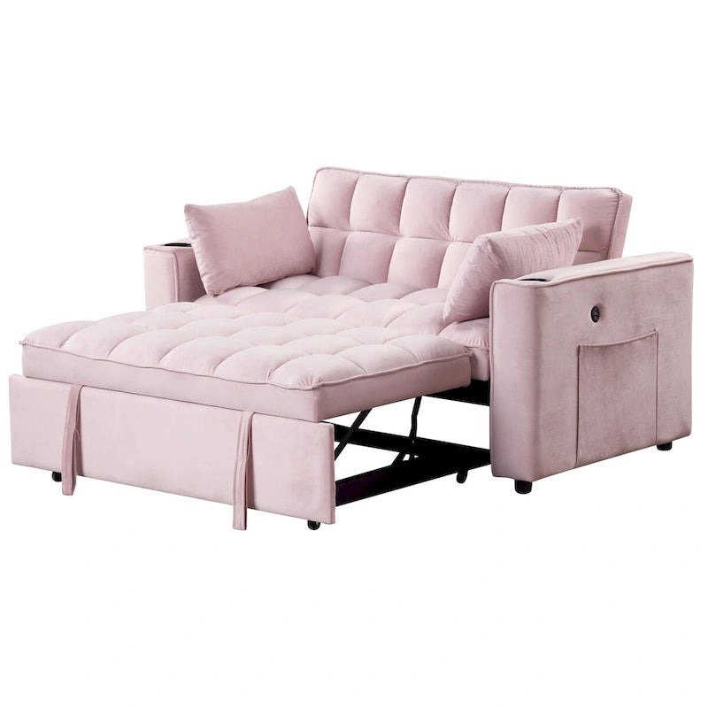 Canapé convertible multifonctionnel en velours, porte-gobelet, port USB