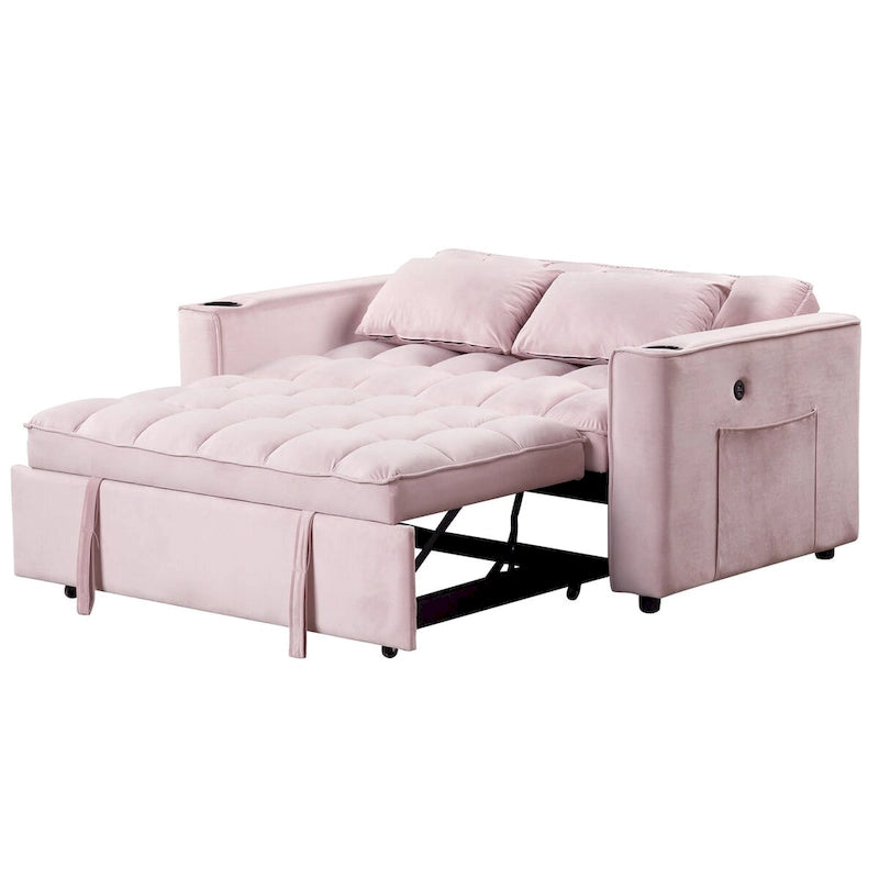 Canapé convertible multifonctionnel en velours, porte-gobelet, port USB