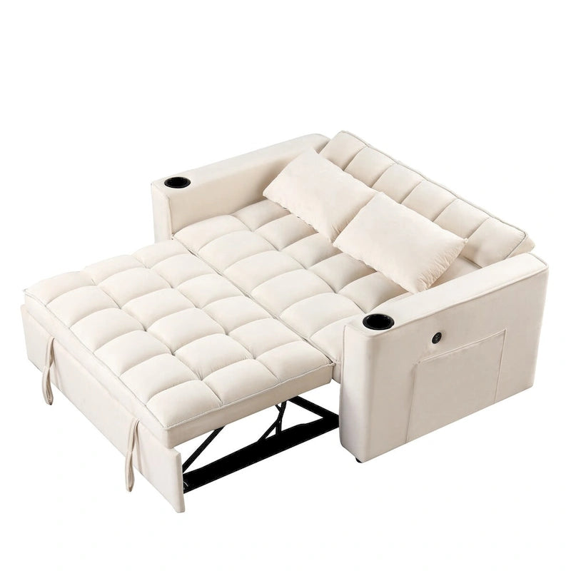 Canapé convertible multifonctionnel en velours, porte-gobelet, port USB