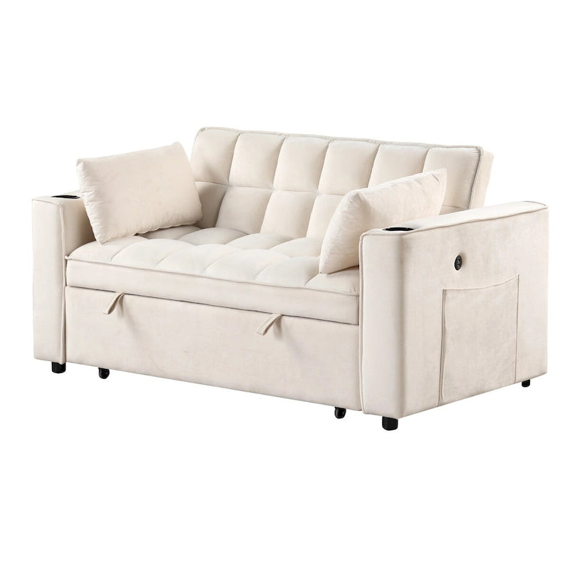 Canapé convertible multifonctionnel en velours, porte-gobelet, port USB