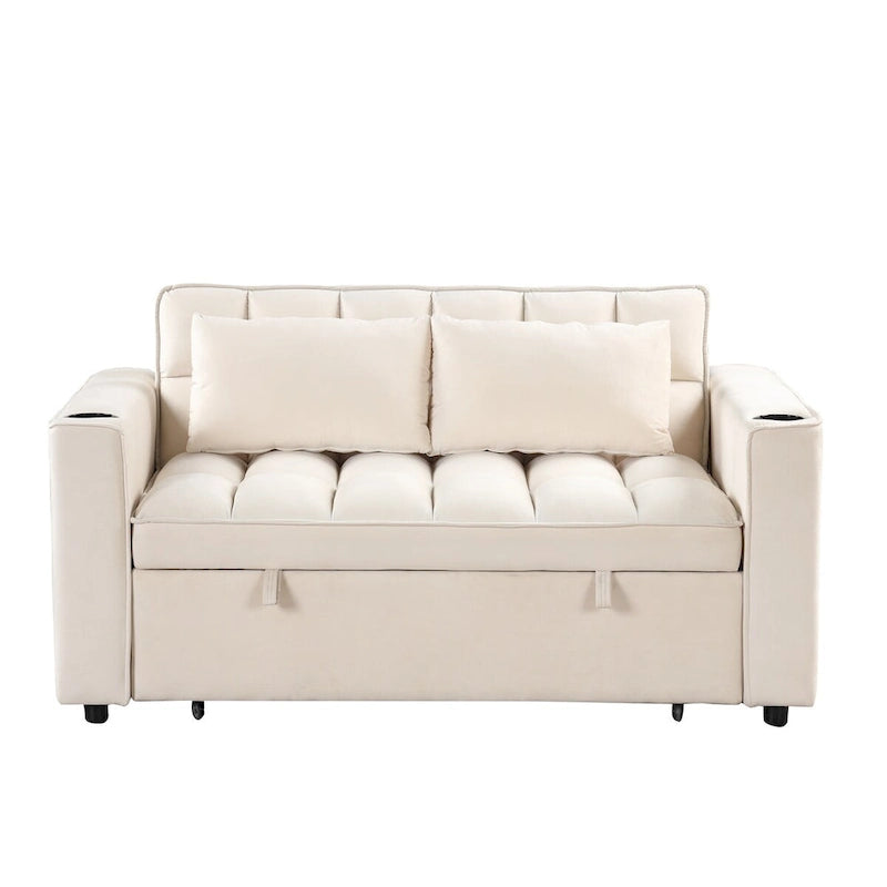 Canapé convertible multifonctionnel en velours, porte-gobelet, port USB