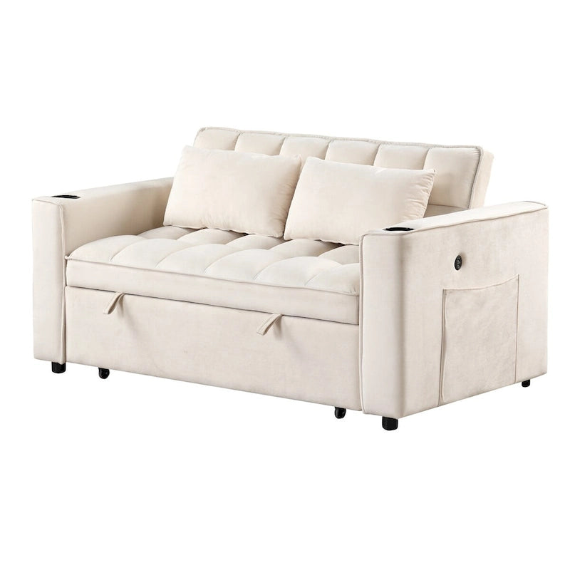Canapé convertible multifonctionnel en velours, porte-gobelet, port USB