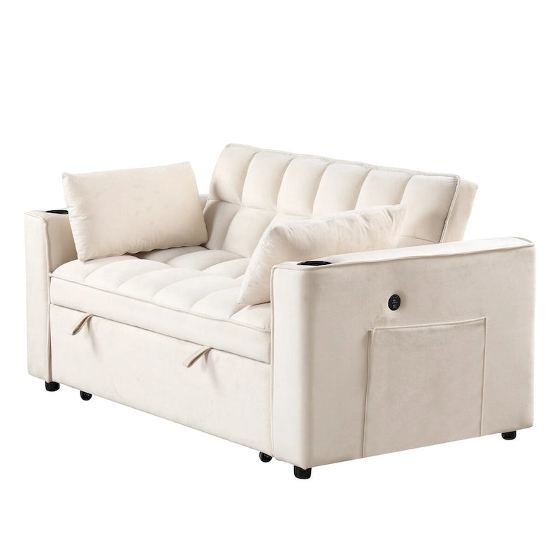 Canapé convertible multifonctionnel en velours, porte-gobelet, port USB