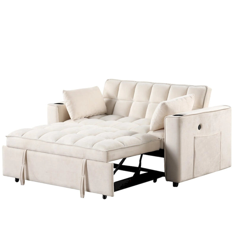 Canapé convertible multifonctionnel en velours, porte-gobelet, port USB