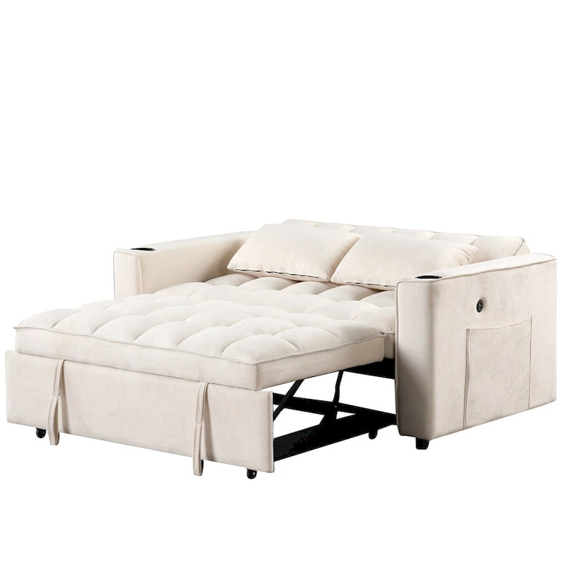 Canapé convertible multifonctionnel en velours, porte-gobelet, port USB