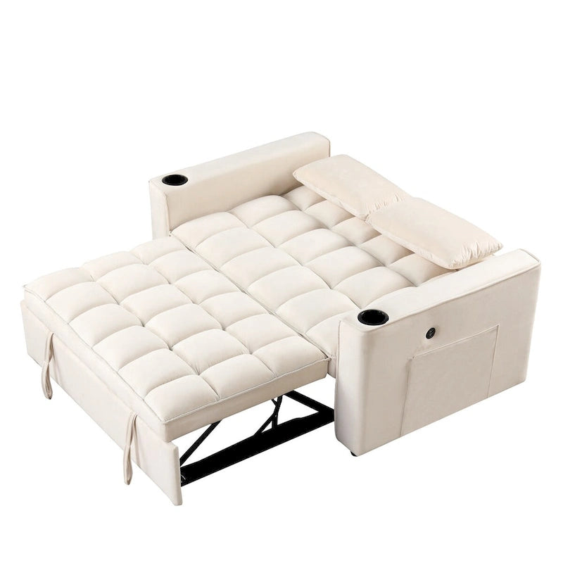 Canapé convertible multifonctionnel en velours, porte-gobelet, port USB