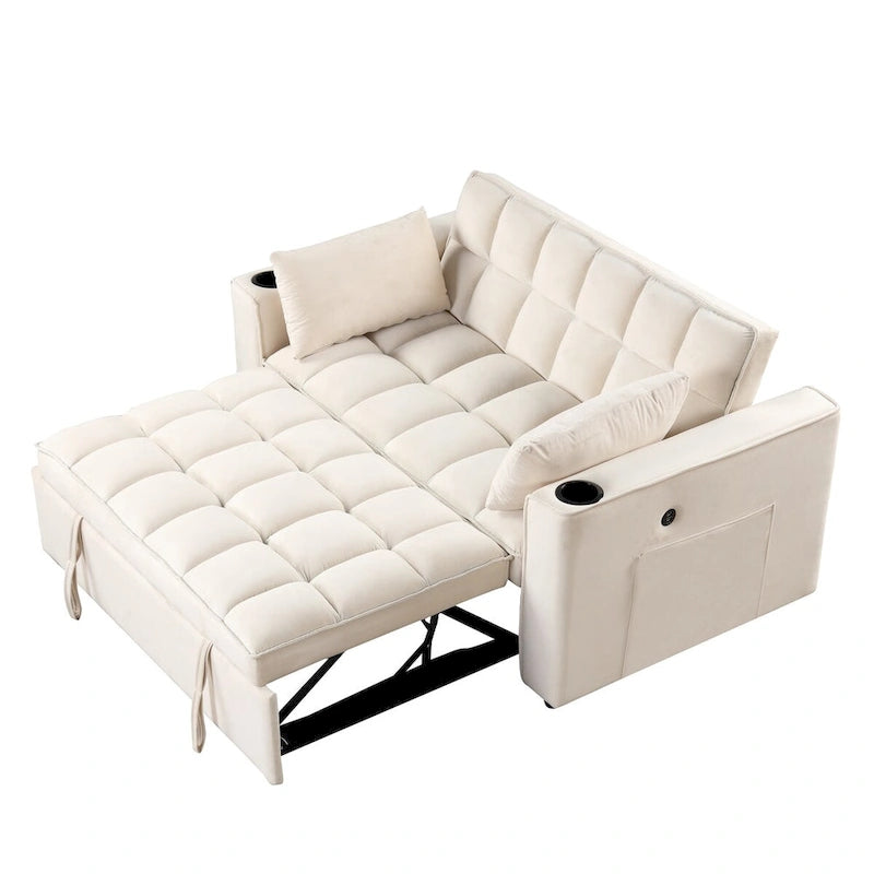 Canapé convertible multifonctionnel en velours, porte-gobelet, port USB