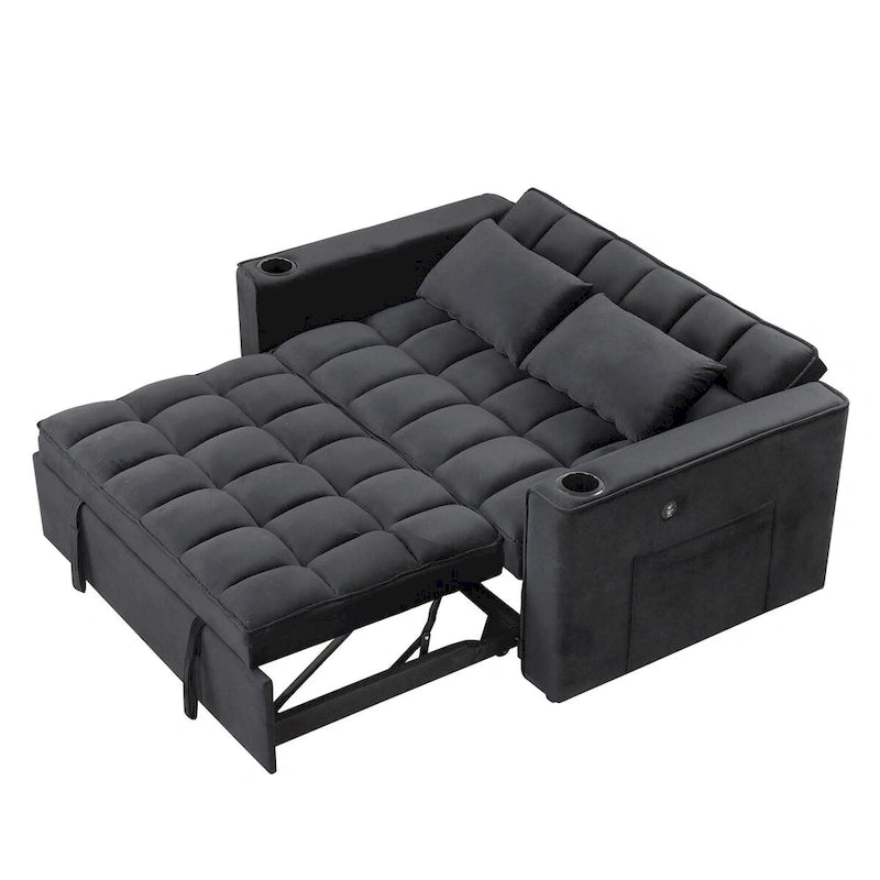 Canapé convertible multifonctionnel en velours, porte-gobelet, port USB