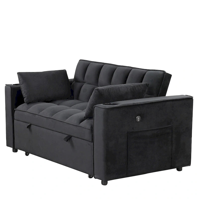 Canapé convertible multifonctionnel en velours, porte-gobelet, port USB