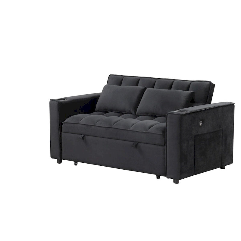 Canapé convertible multifonctionnel en velours, porte-gobelet, port USB