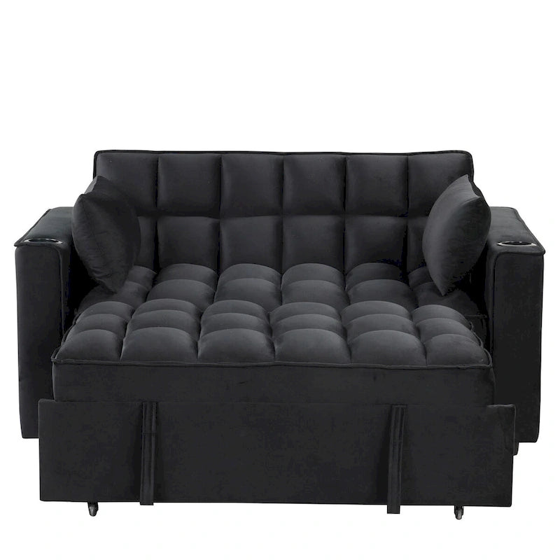 Canapé convertible multifonctionnel en velours, porte-gobelet, port USB