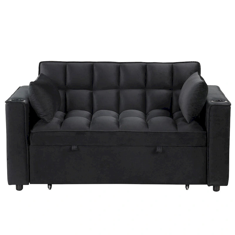 Canapé convertible multifonctionnel en velours, porte-gobelet, port USB