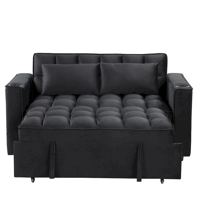 Canapé convertible multifonctionnel en velours, porte-gobelet, port USB