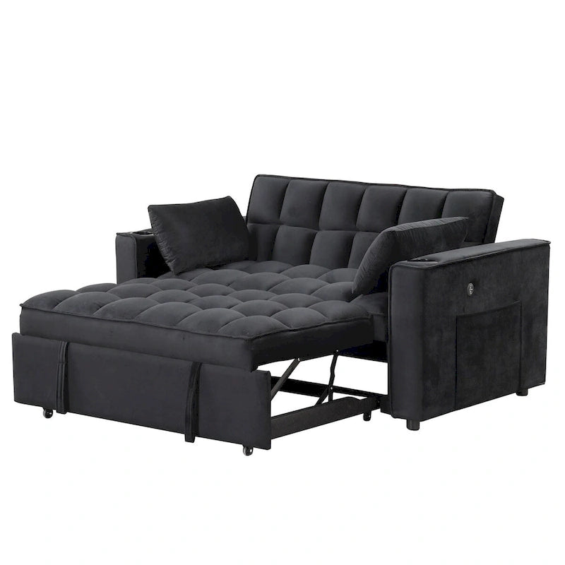 Canapé convertible multifonctionnel en velours, porte-gobelet, port USB