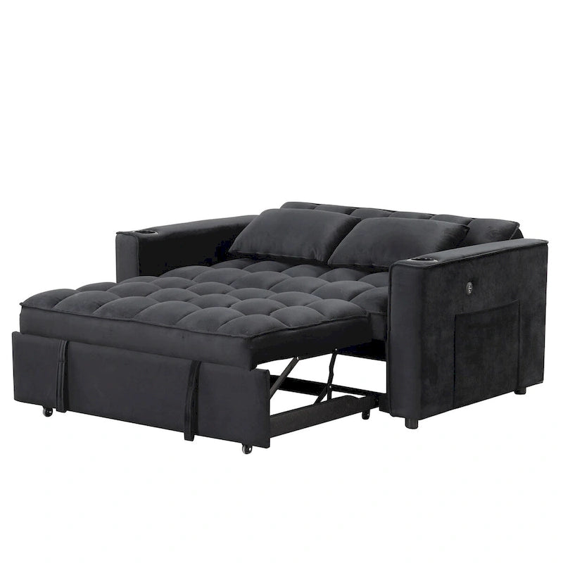 Canapé convertible multifonctionnel en velours, porte-gobelet, port USB