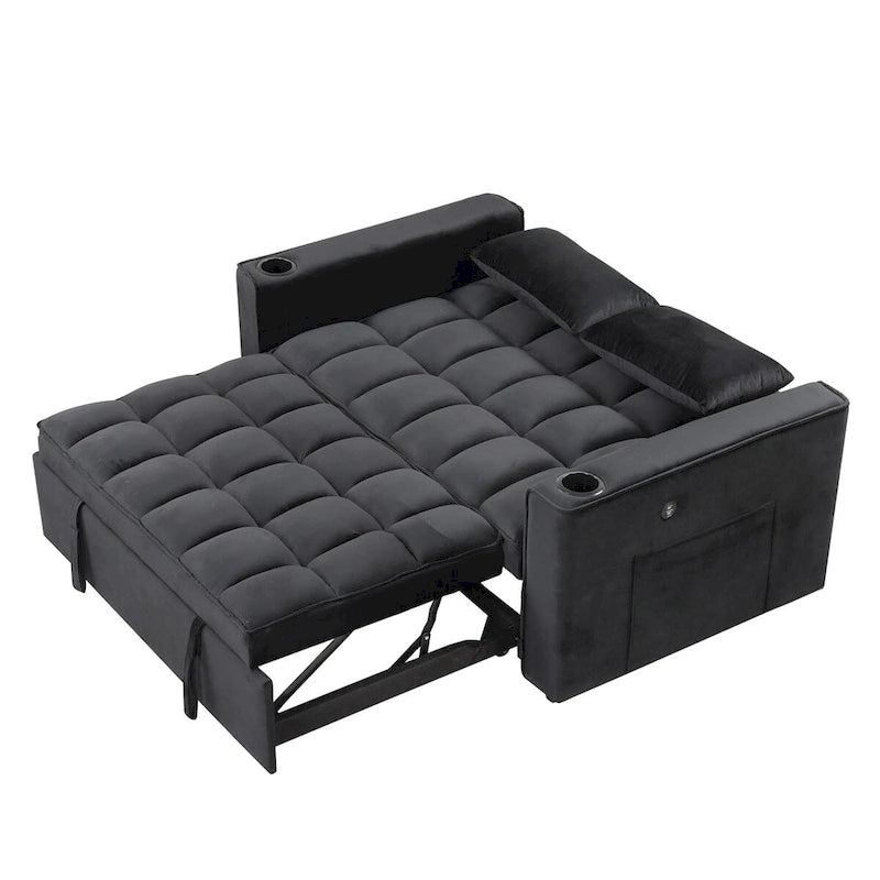 Canapé convertible multifonctionnel en velours, porte-gobelet, port USB