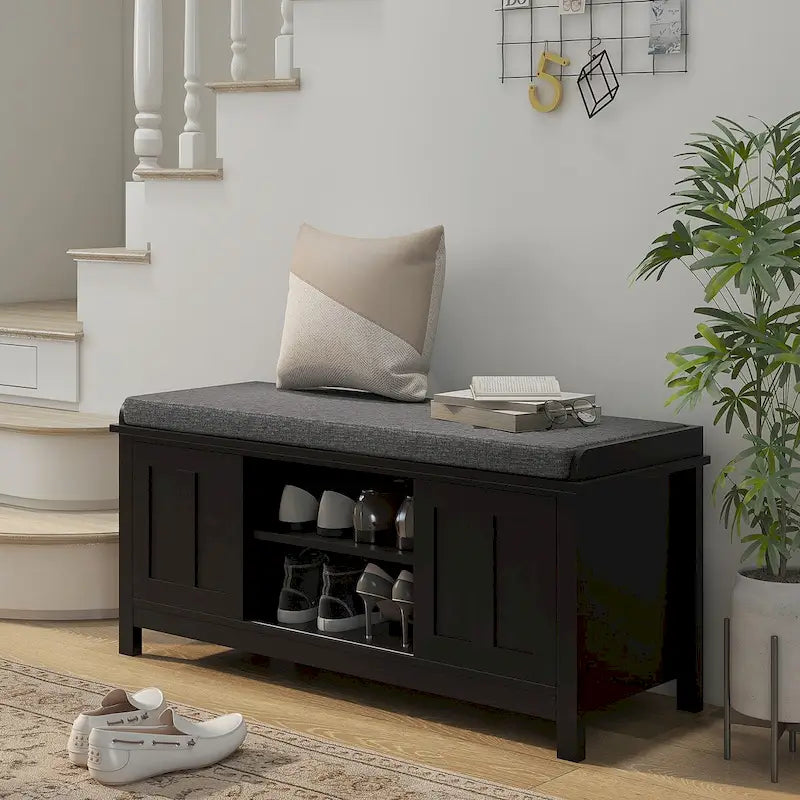 Banc porte-chaussures d'entrée avec portes coulissantes et étagères réglables